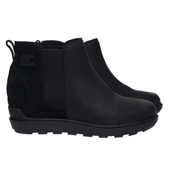 New Sorel Evie ll Chelsea ankle boots black leather suede wedge waterproof comfy - Picture 5 of 16